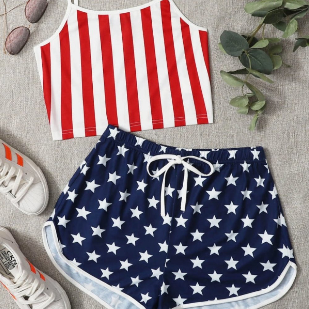 XS Striped Crop Cami Top & Star Track Shorts Se